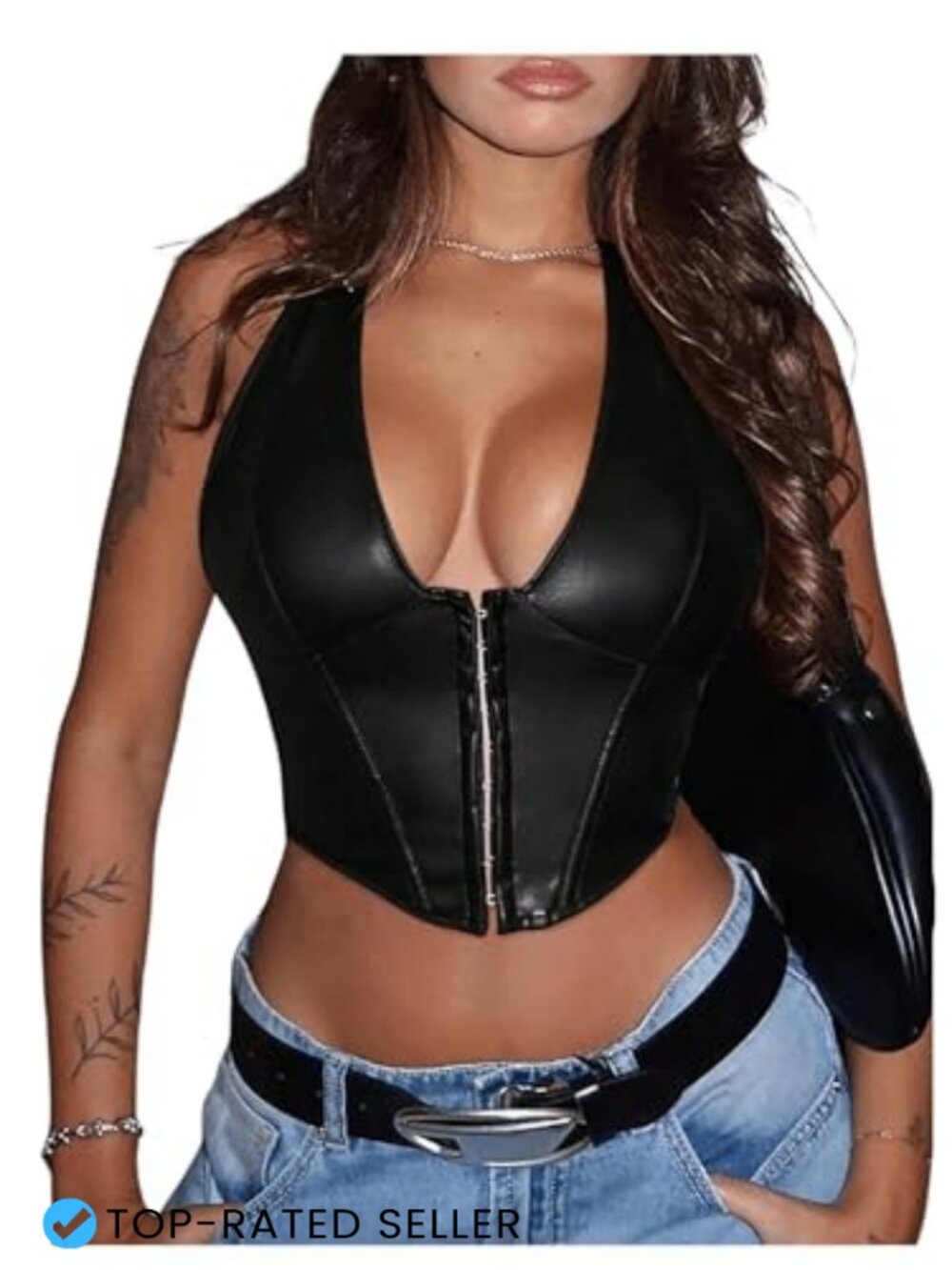 PU Leather Halter Neck Backless Crop Tank Top Punk Motorcycle Y2K